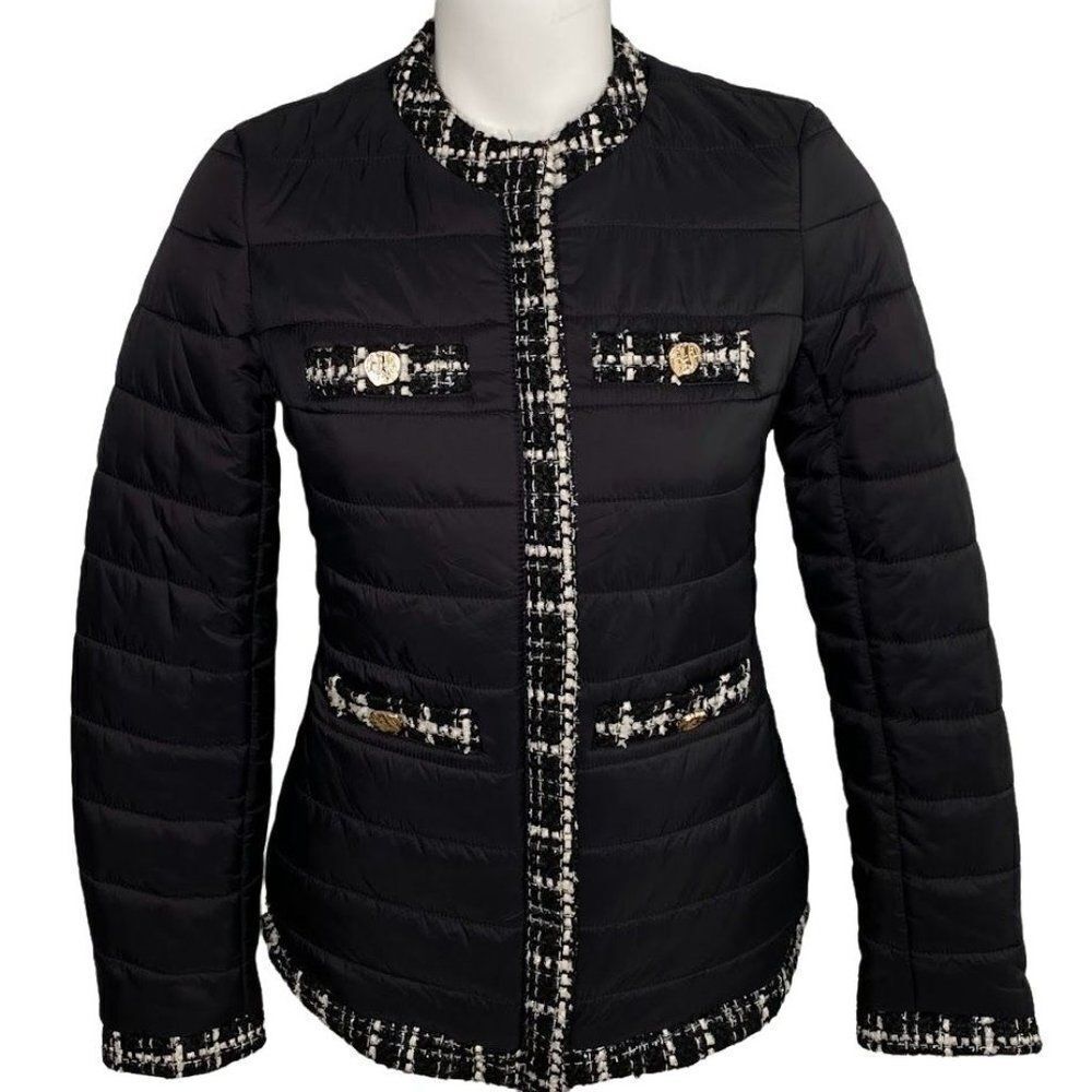 Anne Klein Puffer Jacket Women's XS‎ Black White Tweed Contrast-Trim Buttons NEW